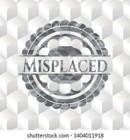 Misplaced grey badge with geometric cube white background