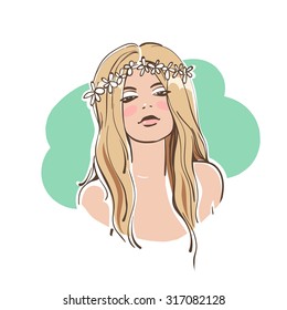Miss 2. Line vector illustration. Beautiful girl face