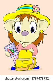 Miss bear getting ready for a textbook in a school briefcase on the way back to school hand drawn vector illustration suitable for printing