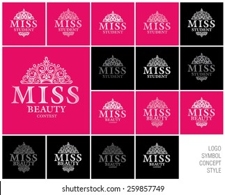 Miss beauty contest. Tiara, diadem, crown, coronet. Logo, art, design, concept, style, vector. Woman, girl, lady, student community. fashion