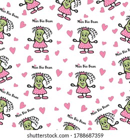 Miss Bio Bean pattern for children’s apparel, holiday wrapping paper, wallpaper on a white background, vector illustration, print.