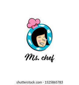miss chef sweet cute female personal chef logo icon symbol with happy smiling woman girl short hair face with chef hat mascot
