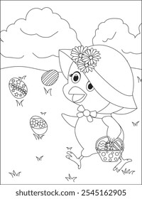 Miss chick with easter egg basket vector coloring book pages for kids illustration