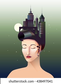 Miss geometry abstract portrait of woman with closed eyes and hair consisted of elements of different geometrical forms at night sea background vector illustration