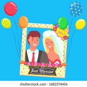 Miss and Mrs, just married, wedding couple in color photo frame with polka dot pattern. Border with flower and balloons on blue. Festive decoration element. Photozone accessories vector illustration