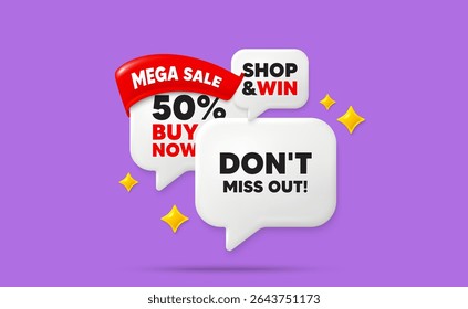 Miss out speech bubbles. Mega sale flag ribbon. Dont miss out tag. Special offer price sign. Advertising discounts symbol. Discount chat bubbles with 3d sparkles. Vector