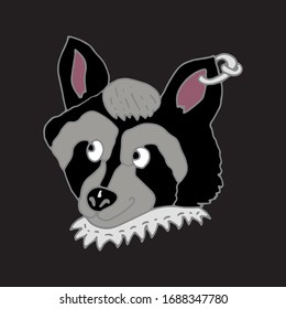 Miss Raccoon beauty with piercings in her ear and lace collar. Hand drawn vector illustration isolated on black background. Great design for female fashionable clothing and accessories stores.