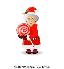 miss santa claus and caramel on a stick round. illustration for your design. vector on white isolated background