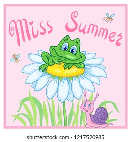 Miss summer. A funny card with a cute little frog sitting on the big chamomile. Pink background.