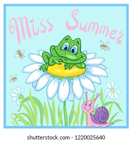 Miss summer. A funny card with a cute little frog sitting on the big chamomile. Blue background. Vector illustration.