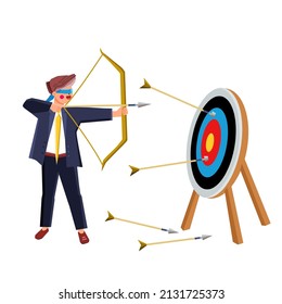 Miss Target Young Man With Archery Arrow Vector. Businessman Miss Target, Guy Blindly And Desperately Trying To Shoot With Bow To Bullseye. Character Failed Hit Flat Cartoon Illustration