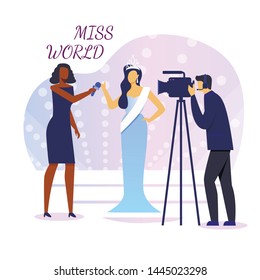 Miss World Interview Flat Banner Vector Template. Woman with Tiara, Female Reporter and Cameraman Cartoon Characters. Feminine Contest Winner Talks to Press Illustration with Typography