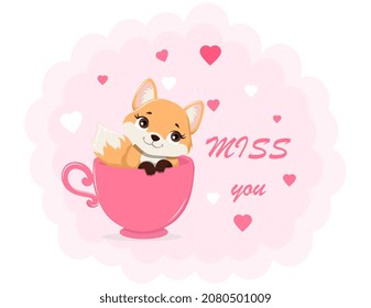Miss you concept. Cute fox surrounded by hearts sitting in pink cup. Romantic design element for greeting cards, social networks and invitations. Smiling animal. Cartoon flat vector illustration