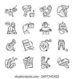 Miss You Doodle Collection with Sad and Upset Characters