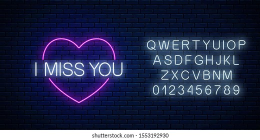 Miss you glowing neon sign with pink heart symbol with alphabet. Symbol of loneliness in neon style. Vector illustration.