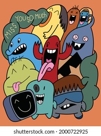 Miss you hand drawn vector illustration in cartoon comic style cute monsters.