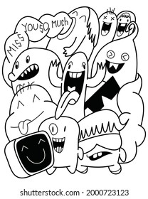 Miss you hand drawn vector illustration in cartoon comic coloring book style cute monsters.