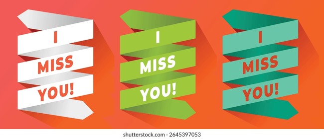 I miss you, handwritten in textured ribbon folds of white, yellow and pastel colors isolated on an orange background. suitable for greeting cards for lovers. Love message sticker.