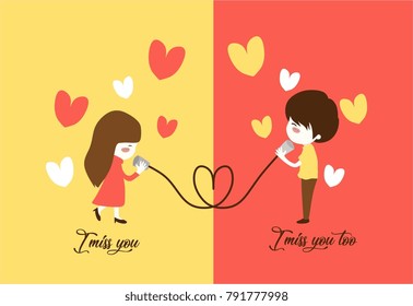 I miss you. Illustration of a couple that really misses to each other. Traditional rope line communication phone with the heart.