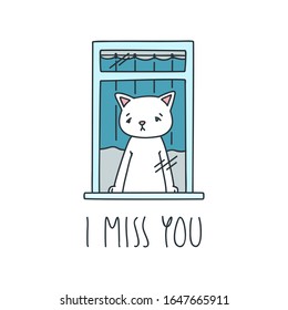 
I Miss You. Illustration of sad white cat is seen through the window. Objects isolated on white background. Vector 8 EPS