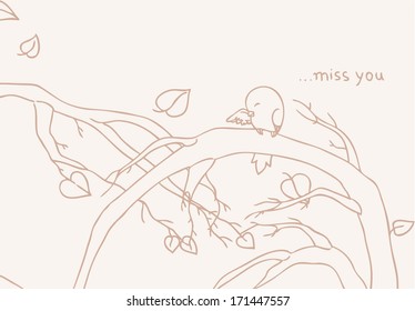 I miss you. little bird on a tree. vector illustration