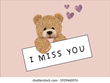 miss you message slogan with hand drawn teddy bear vector