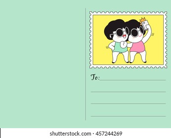 I Miss You My Best Friend Selfies Stamp Postcard Character illustration