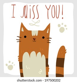 I Miss You postcard. Vector hand drawn illustration of tiny cute red orange striped cat. For ui, games, and patterns.