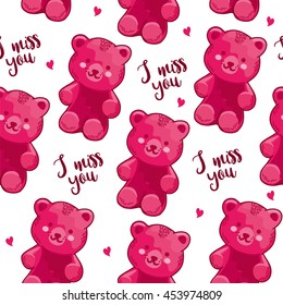 I miss you. Seamless pattern with cute teddy bear. Hand drawn illustration in bright pink colors. Amazing baby background. For textile print, wrapping paper, wallpaper.