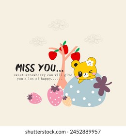 Miss  you sweet strawberry typography slogan for t shirt printing, tee graphic design, vector illustration.