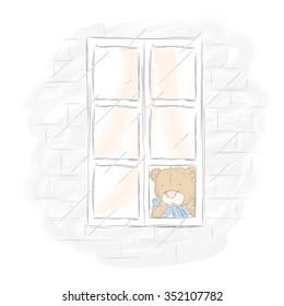I miss you. Teddy Bear looks out the window .
