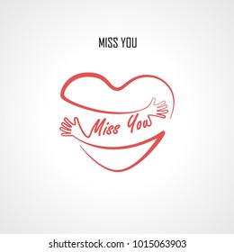 "MISS YOU" typographical design elements and Red heart shape with hand embrace.Hugs and Love yourself sign.Health and Heart Care icon.Happy valentines day concept.Vector illustration