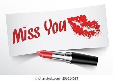 Miss You written on note by lipstick with kiss, vector