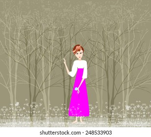 I miss you.Illustration of a sad girl in the forest -Vector illustration