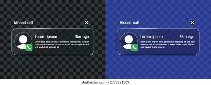 Missed Call Push Notification Popup UI Icon Set for Smartphone and Mobile Phone, Liquid Glass Style Call Alert Interface with User Profile and Accept Button, Transparent Background Vector Illustration