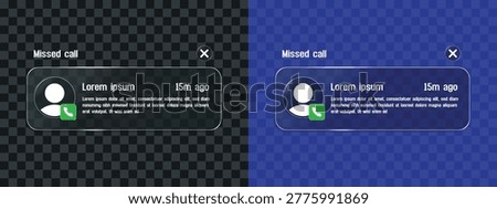 Missed Call Push Notification Popup UI Icon Set for Smartphone and Mobile Phone, Liquid Glass Style Call Alert Interface with User Profile and Accept Button, Transparent Background Vector Illustration
