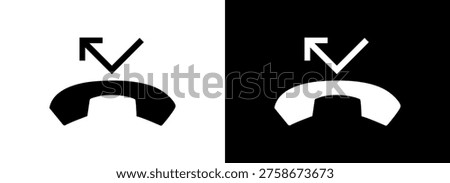 Missed call symbol isolated, Call decline icon vector illustration, phone hang up symbol with arrow, communication concept, Reject call sign, handset with directional arrow, mobile symbol in flat design, modern communication UI element, Call cancel symbol, handset sign, telephone receiver with arrow sign, simple black and white UI icon for apps and interfaces.