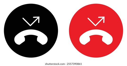 Missed call vector icon set with red and black color. Missed call from mobile phone. Miss call sign symbol. Flat style. Interface buttons for mobile connection. Isolated vector illustration.