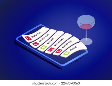 Missed notifications from calls and missed messages in instant messengers. Friday night or end of the day with a glass of alcohol and smartphone with missed messages notification from work or home.
