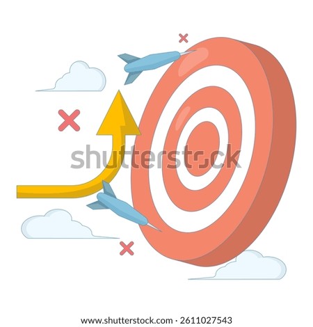 missed target concept. failed to meet and achieve business targets. mission and goals. failed to reach target on dart board. flat style design illustration on background.