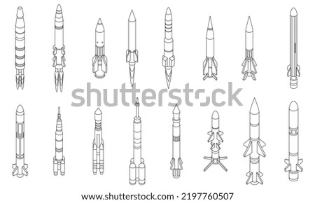 Missile attack icons set. Isometric set of missile attack vector icons outline thin lne isolated on white