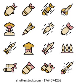 Iconos de ataque de misiles establecidos. Conjunto de esquemas de ataque de misiles iconos vectores color de línea delgada plano aislado en blanco