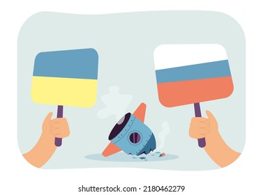 Misil entre banderas rusas y ucranianas. Ilustración vectorial plana de cohetes destruidos. Crisis militar, guerra, ataque, concepto de batalla para banner, diseño de sitio web o página web de aterrizaje