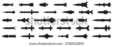 Missile and bomb silhouettes in simple black style. Various weapon shapes for military, defense, or infographic projects. Ideal for aviation and security