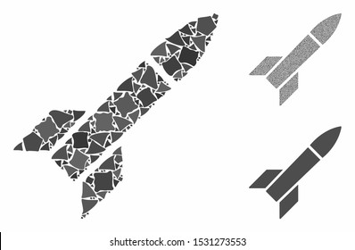 Missile composition of trembly items in various sizes and color tinges, based on missile icon. Vector bumpy items are composed into collage. Missile icons collage with dotted pattern.
