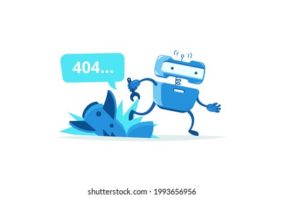 Missile crashed Page not found error 404. Robot ran mascot character. Support service-center repair. Vector illustration. Running for help.