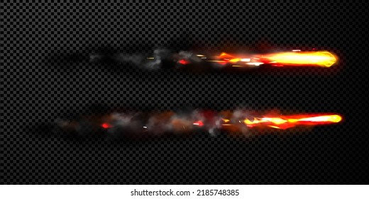 Missile effect, rocket fire trails with black smoke, spacecraft startup launch, space jet flames. Realistic 3d vector airplane take off or ballistic burst tracks isolated on transparent background