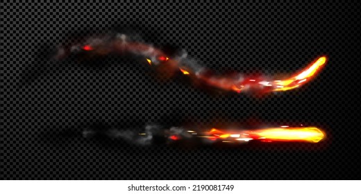 Missile effect, rocket fire trails with black smoke, spacecraft startup launch, space jet flames. Realistic 3d vector airplane take off or ballistic burst tracks isolated on transparent background