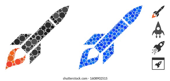 Missile flight composition of small circles in variable sizes and color hues, based on missile flight icon. Vector small circles are organized into blue composition.