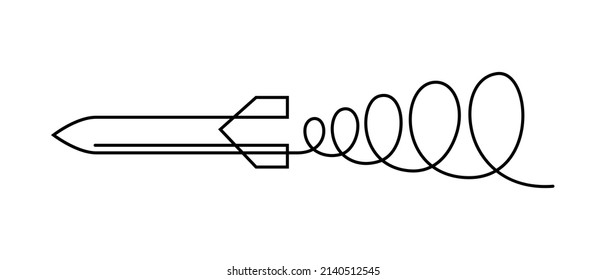 Misil en vuelo en línea continua de dibujo. Diseño lineal minimalista de armas de cohetes guiado aislado sobre fondo blanco. Ilustración del vector